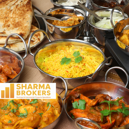 An assortment of Indian curries in stainless steel bowls, including yellow rice and naan bread, featuring the SHARMA BROKERS logo