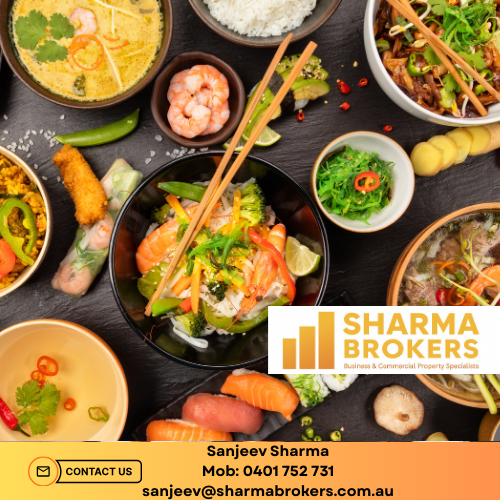 An overhead flat-lay of a diverse Asian feast featuring shrimp stir-fry, sushi, spring rolls, and various bowls of soup and curry, with the SHARMA BROKERS logo